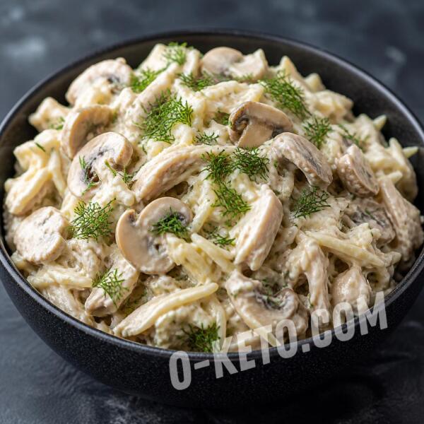 Рецепты на кето: Салат с курицей, маринованными шампиньонами и сыром Рецепты на кето: Салат с курицей, маринованными шампиньонами и сыром