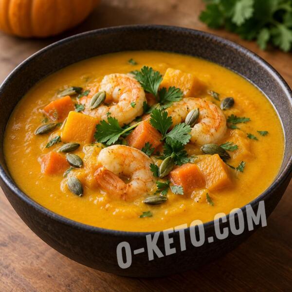 Keto recipes: Pumpkin and Carrot Purée Soup with Coconut Milk and Shrimp