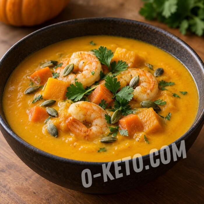 Pumpkin and Carrot Purée Soup with Coconut Milk and Shrimp