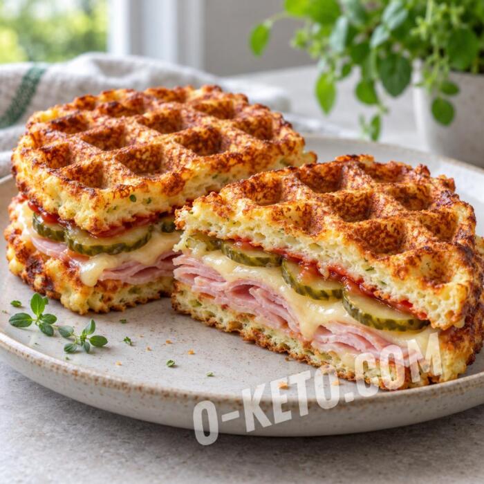 Sandviș cu vafe, șuncă, brânză și castraveți murați Sandviș cu vafe, șuncă, brânză și castraveți murați