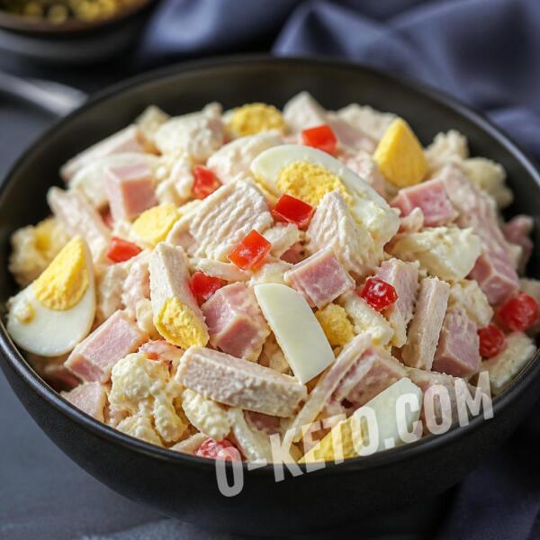 Рецепты на кето: Салат куриный с окороком, сыром и яйцами
