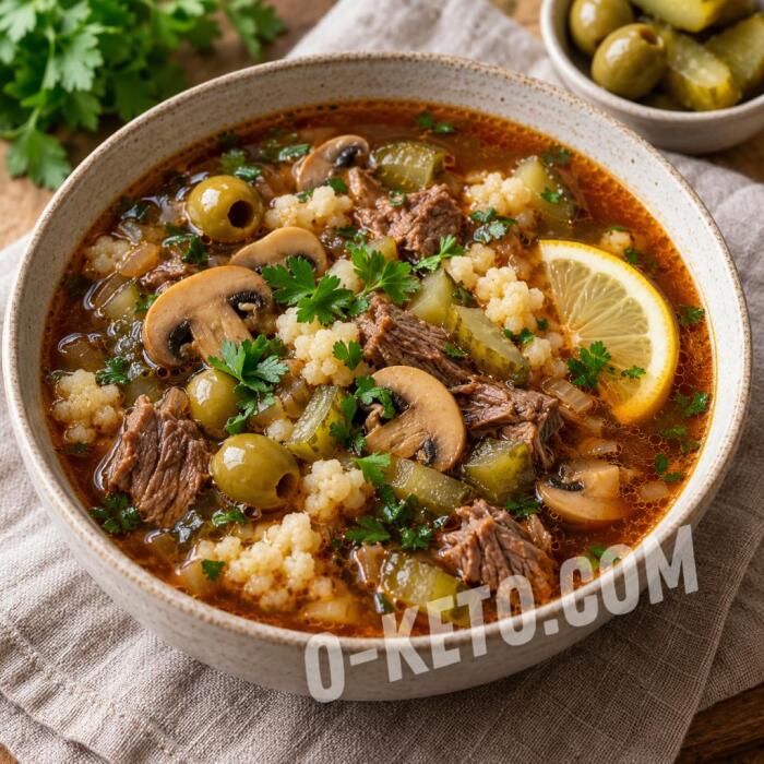 Солянка с говядиной, шампиньонами и цветной капустой