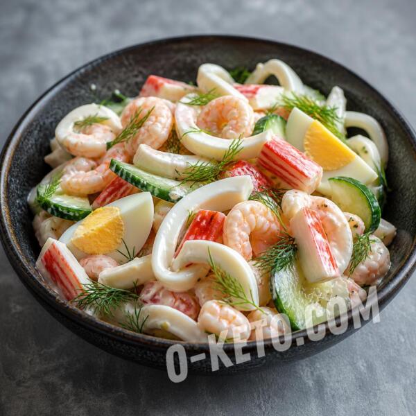 Рецепты на кето: Салат с кальмаром, креветками и крабовыми палочками Рецепты на кето: Салат с кальмаром, креветками и крабовыми палочками