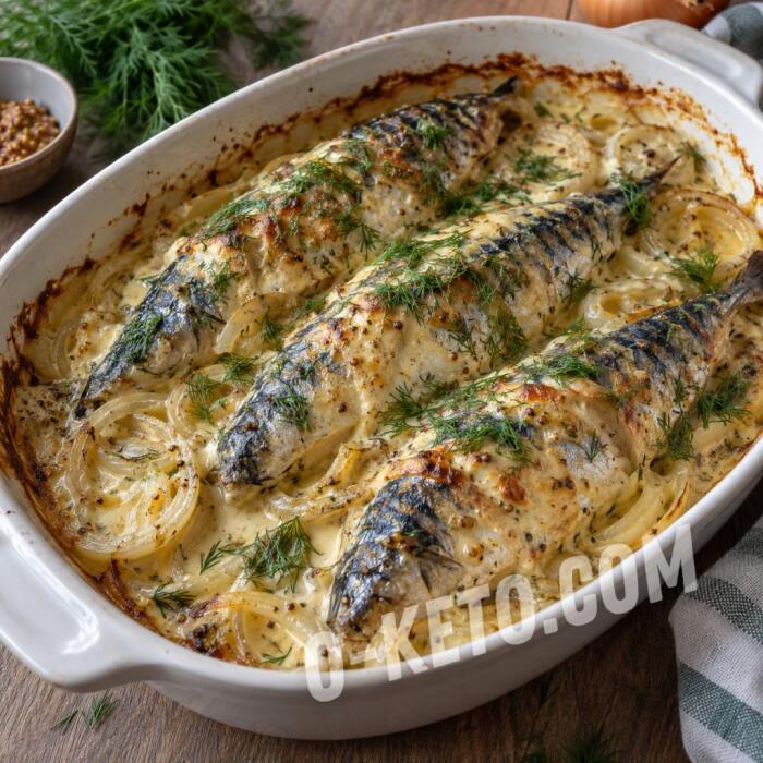 Скумбрия, запечённая со сметаной, горчицей и луком Скумбрия, запечённая со сметаной, горчицей и луком