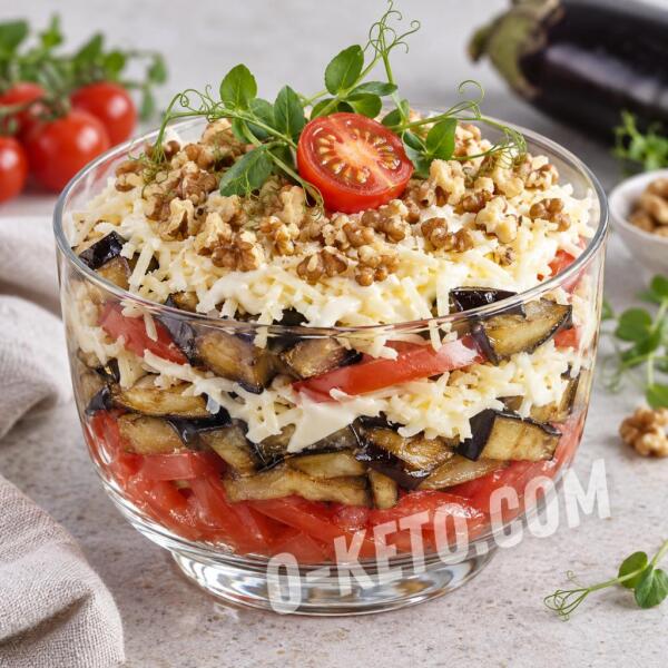 Keto recipes: Layered Eggplant Salad with Tomato and Cheese