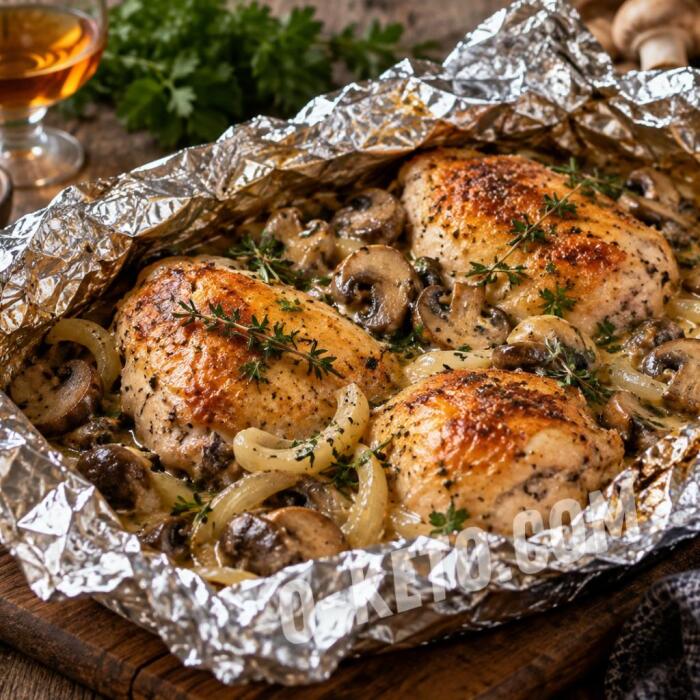 Chicken in Foil with Cognac and Mushrooms
