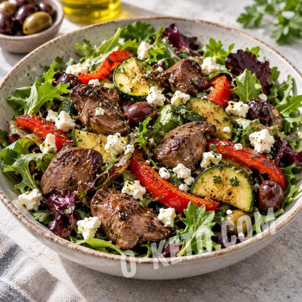 Рецепты на кето: Салат с куриной печенью, кабачком и фетой Рецепты на кето: Салат с куриной печенью, кабачком и фетой