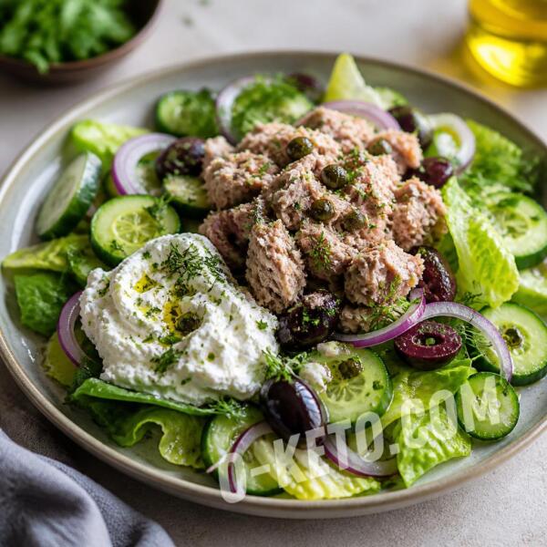Рецепты на кето: Салат с тунцом и кремом из феты Рецепты на кето: Салат с тунцом и кремом из феты