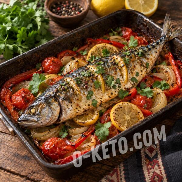 Rețete keto: Macrou la cuptor cu legume si verdeata