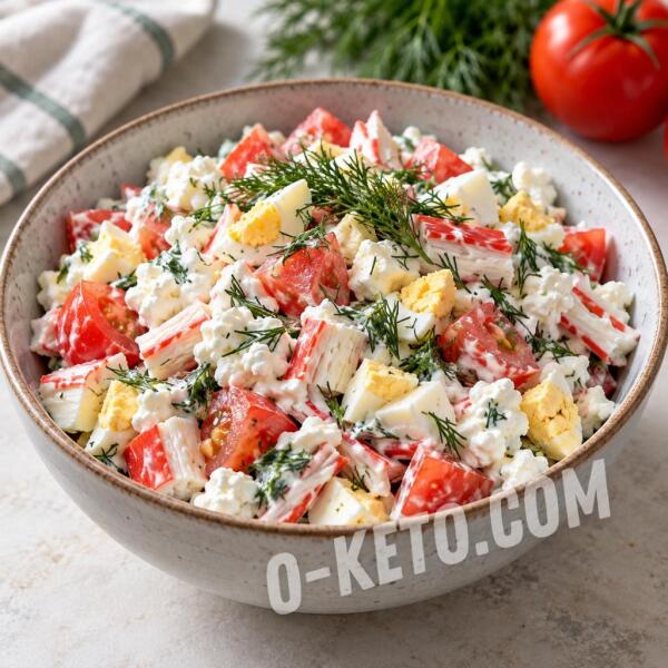 Rețete keto: Salată cu bețișoare de crab, ou și roșie Rețete keto: Salată cu bețișoare de crab, ou și roșie