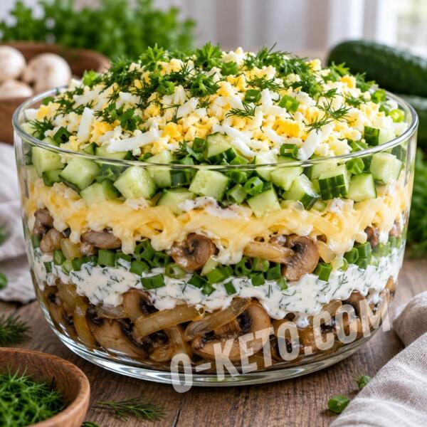 Rețete keto: Salată în straturi cu ciuperci, castravete și brânză topită Rețete keto: Salată în straturi cu ciuperci, castravete și brânză topită