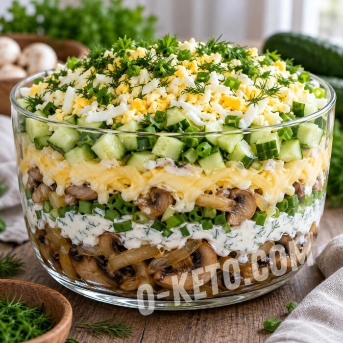 Слоёный салат с шампиньонами, огурцом и плавленым сыром Слоёный салат с шампиньонами, огурцом и плавленым сыром