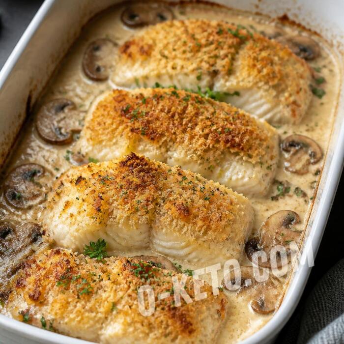 Pollock Casserole with Mushrooms in Sour Cream Sauce