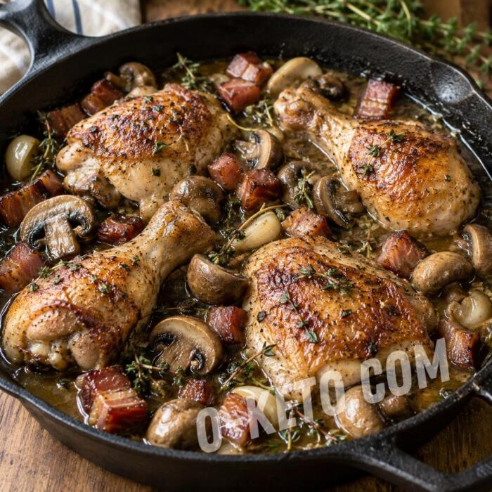 Chicken with Champignons and Bacon Braised in White Wine Chicken with Champignons and Bacon Braised in White Wine