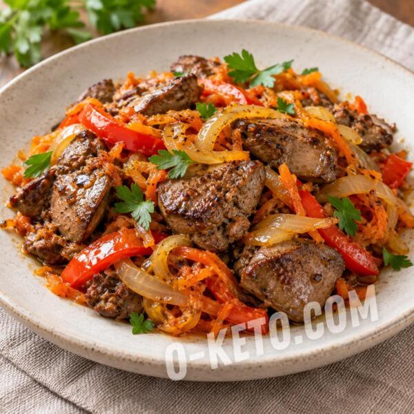 Рецепты на кето: Жареная куриная печень с болгарским перцем, морковью и луком