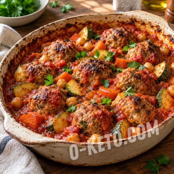 Keto recipes: Oven-Baked Beef and Chicken Meatballs with Chickpeas in Tomato Sauce