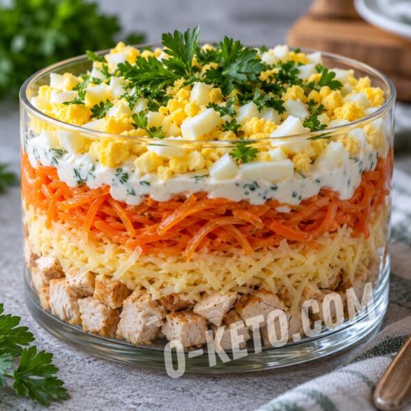 Rețete keto: Salată cu pui, brânză afumată și morcov în stil coreean Rețete keto: Salată cu pui, brânză afumată și morcov în stil coreean
