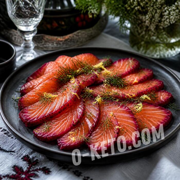 Salmon cured with dill, vodka and beetroot Salmon cured with dill, vodka and beetroot