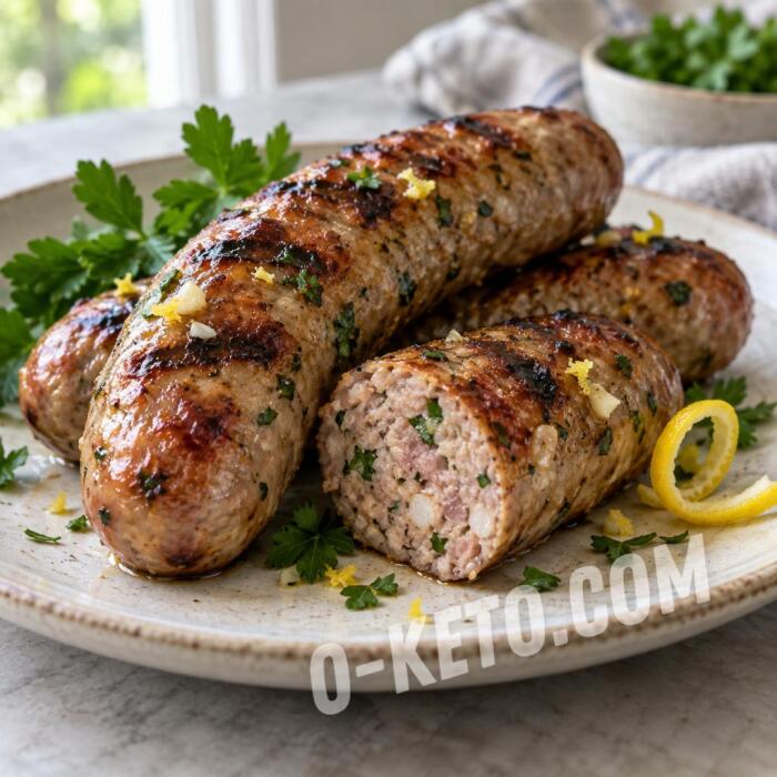 Cârnați de porc cu usturoi, coajă de lămâie și pătrunjel