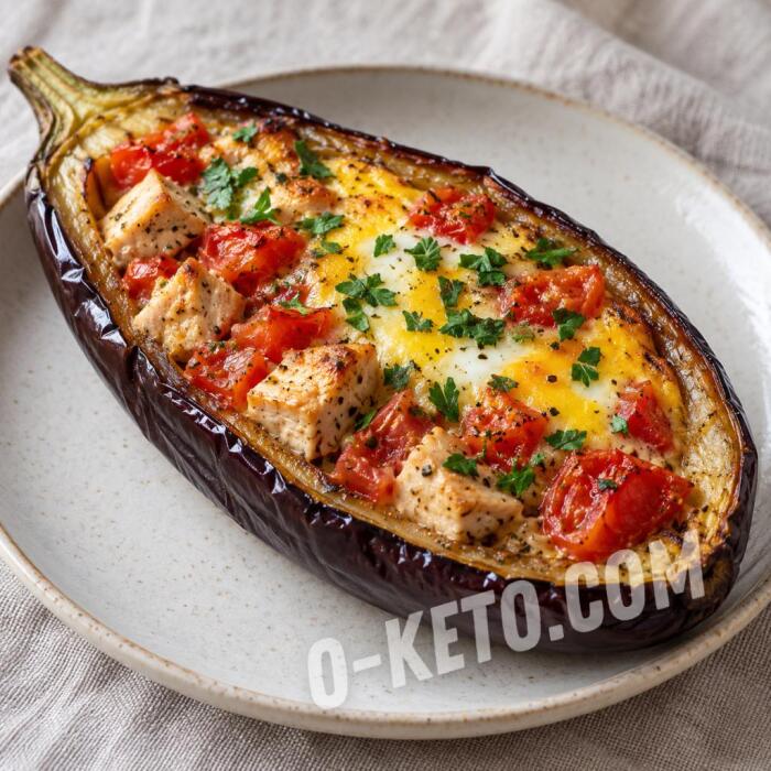 Запечённый баклажан с курицей, яйцом и помидором Запечённый баклажан с курицей, яйцом и помидором