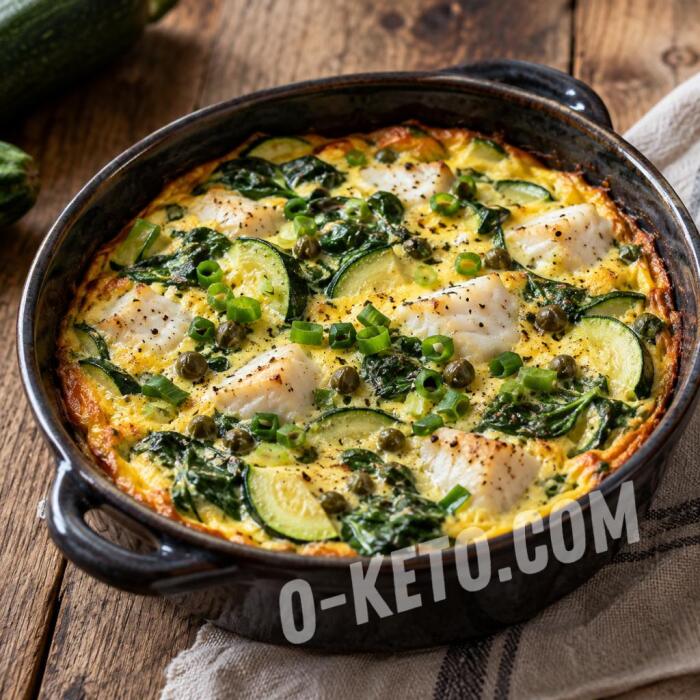 Zucchini Omelet with Halibut, Capers, and Spinach