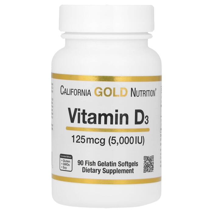 California Gold Nutrition, Vitamin D3, 125 mcg (5,000 IU), 90 Fish Gelatin Softgels California Gold Nutrition, Vitamin D3, 125 mcg (5,000 IU), 90 Fish Gelatin Softgels