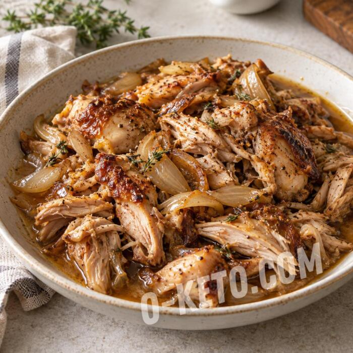 Разобранная курица, запечённая с луком