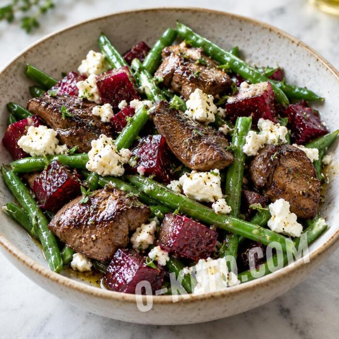 Chicken Liver Salad with Green Beans, Beetroot, and Feta