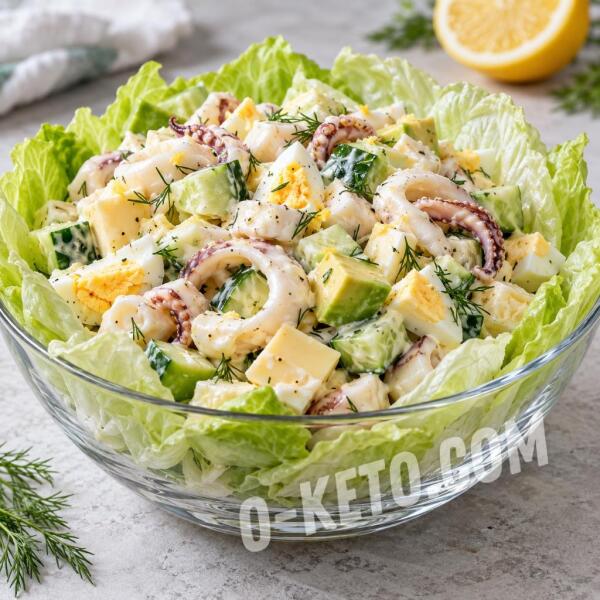 Рецепты на кето: Салат с кальмарами, яйцом, сыром и авокадо Рецепты на кето: Салат с кальмарами, яйцом, сыром и авокадо