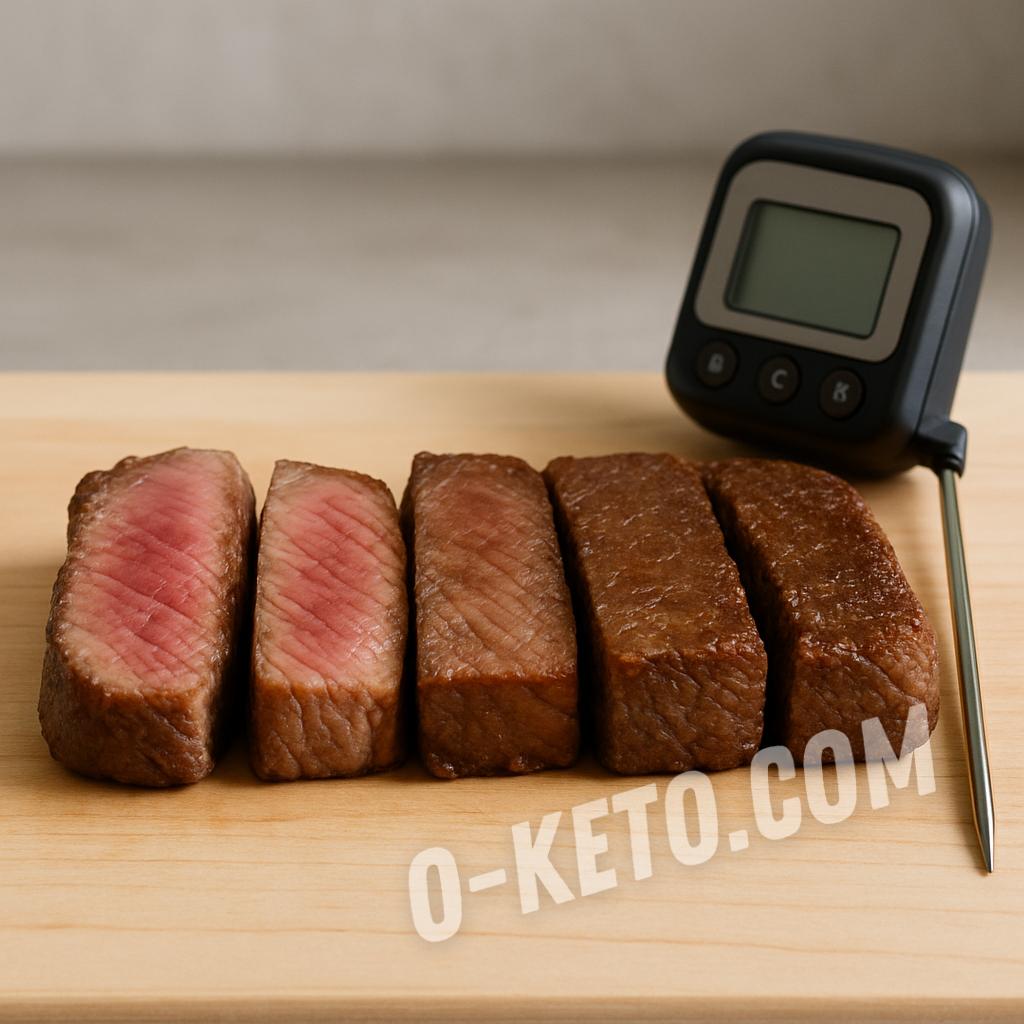 Different meat doneness levels and a kitchen thermometer