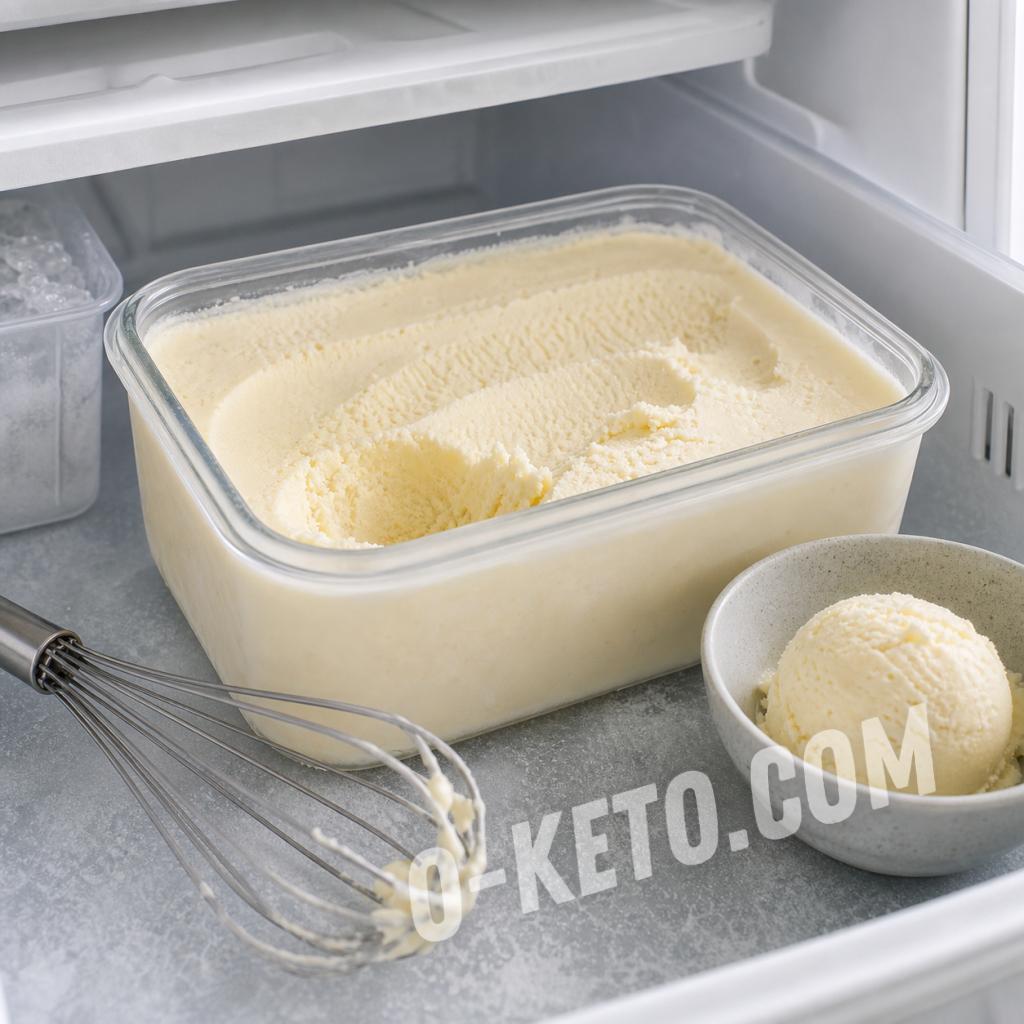 Homemade keto ice cream in a freezer container